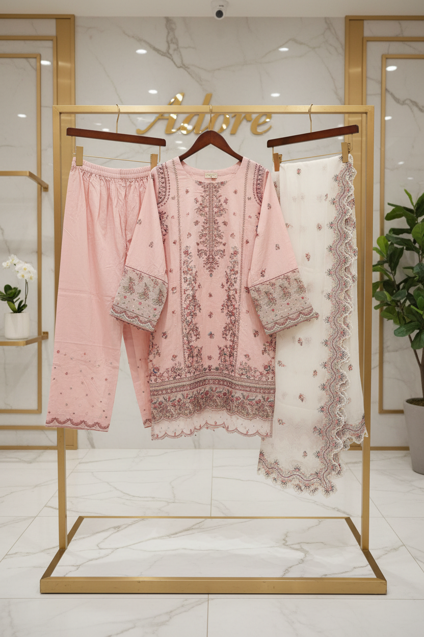 HUR | Petal Blush | Premium Cotton Pakistani Shalwar Kameez | Floral Embroidery & Cutwork Details | Luxury Organza Dupatta | 3 Piece Suit
