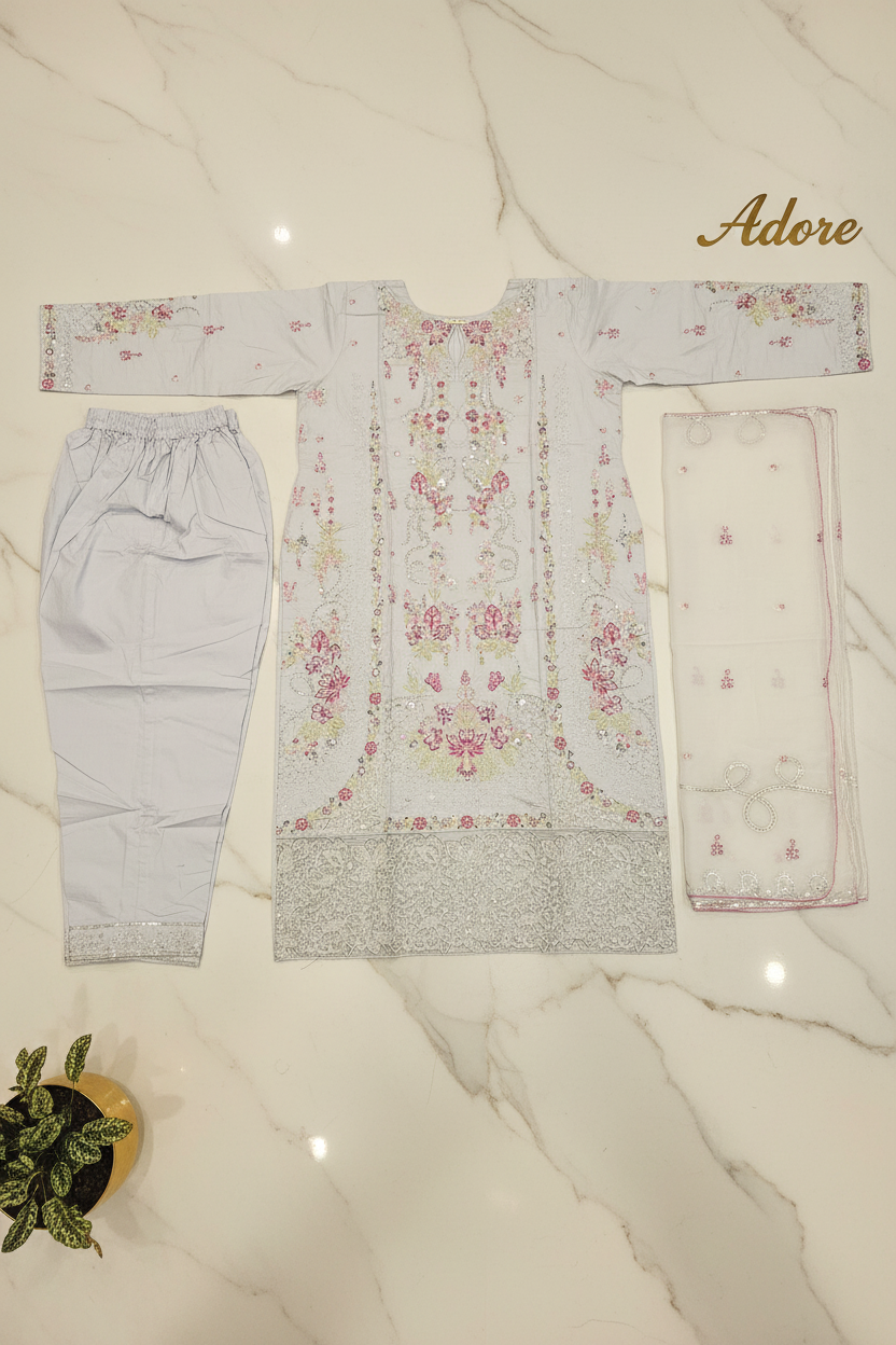 QMR | Sky Mist | Pastel Ice Blue Cotton Pakistani Suit | Elegant Floral Embroidery | Chiffon Embroidered Dupatta | 3 Piece Shalwar Kameez