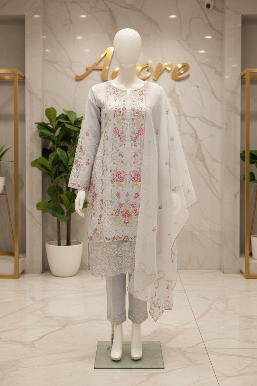 QMR | Sky Mist | Pastel Ice Blue Cotton Pakistani Suit | Elegant Floral Embroidery | Chiffon Embroidered Dupatta | 3 Piece Shalwar Kameez