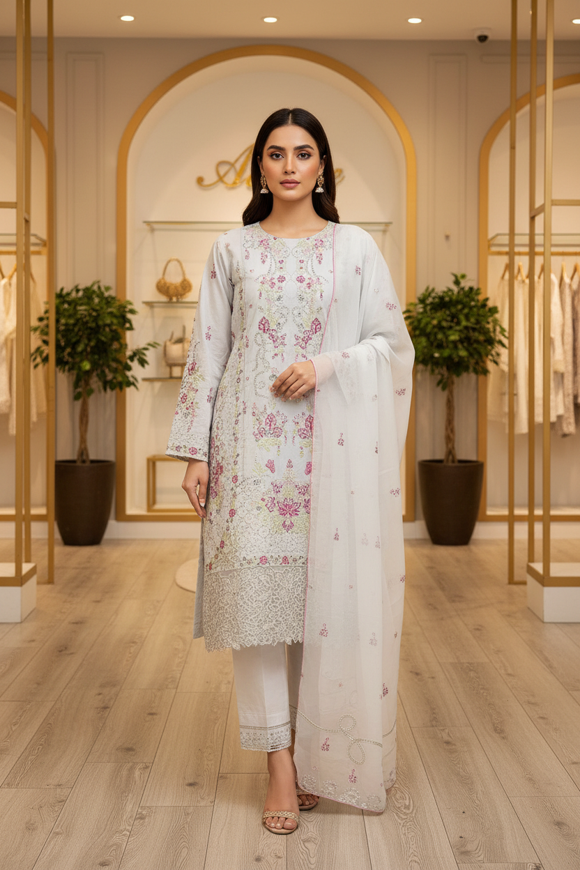 QMR | Sky Mist | Pastel Ice Blue Cotton Pakistani Suit | Elegant Floral Embroidery | Chiffon Embroidered Dupatta | 3 Piece Shalwar Kameez