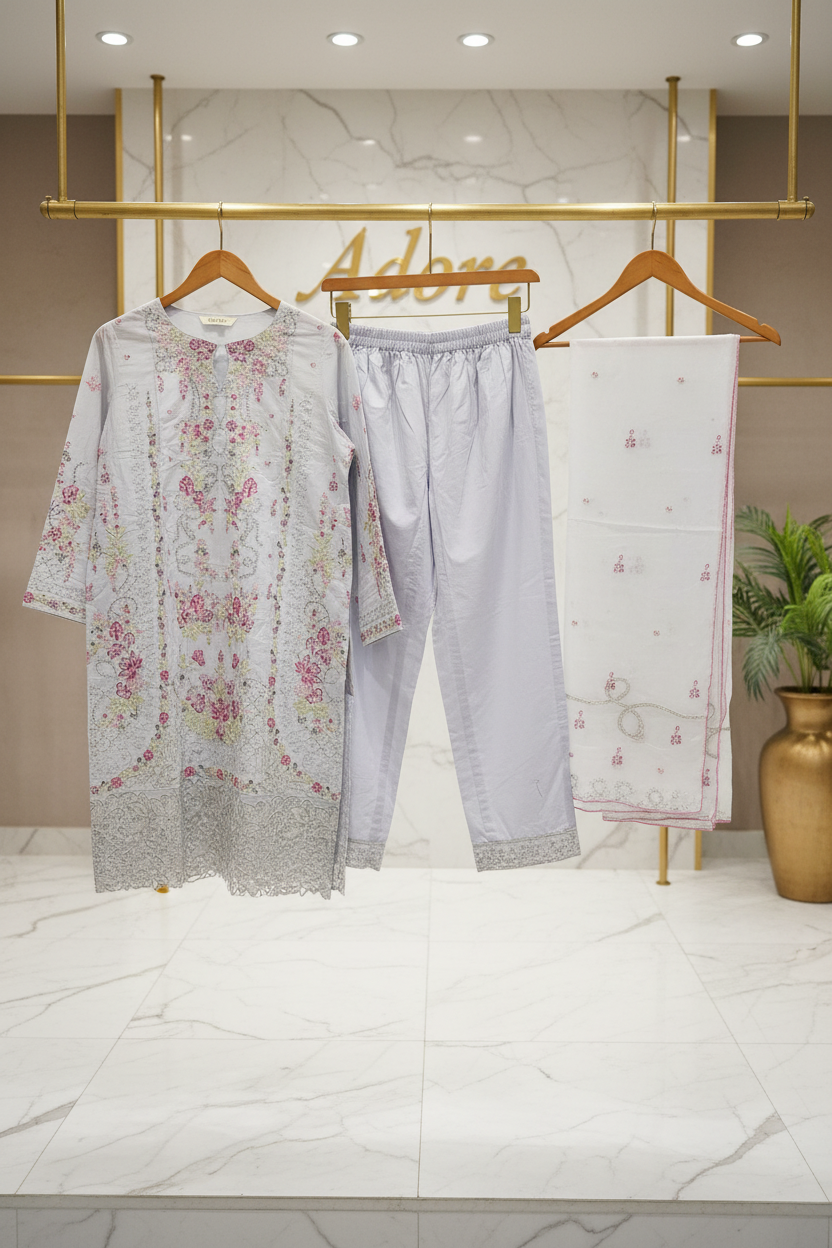 QMR | Sky Mist | Pastel Ice Blue Cotton Pakistani Suit | Elegant Floral Embroidery | Chiffon Embroidered Dupatta | 3 Piece Shalwar Kameez