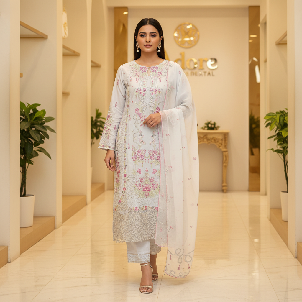QMR | Sky Mist | Pastel Ice Blue Cotton Pakistani Suit | Elegant Floral Embroidery | Chiffon Embroidered Dupatta | 3 Piece Shalwar Kameez