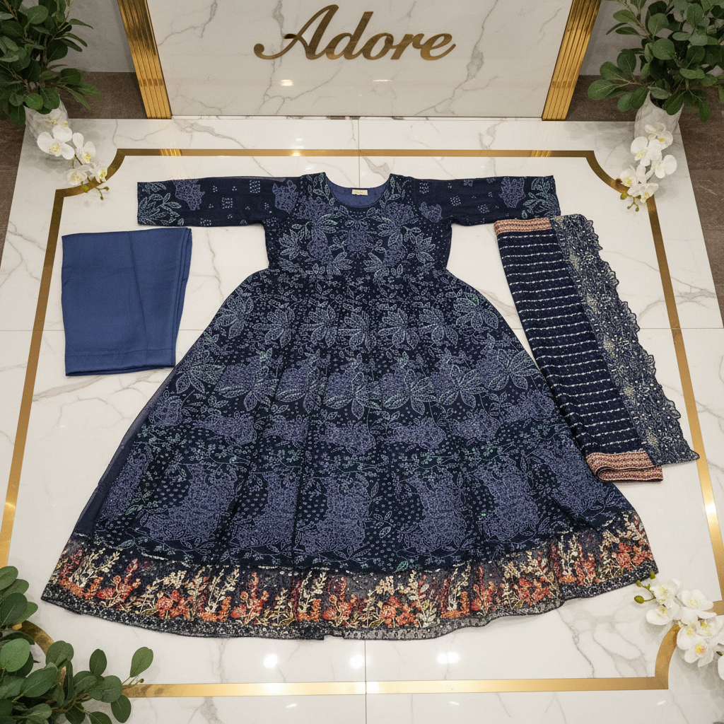 Luxury Heavy Embroidered Chiffon Maxi - Pearl Work - Intricately Embroidered Chiffon Dupatta — Midnight Sapphire, Soft Pistachio and Dusty Antique Rose