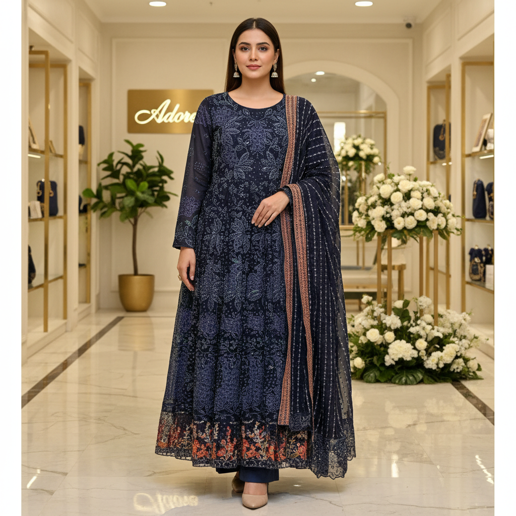 Luxury Heavy Embroidered Chiffon Maxi - Pearl Work - Intricately Embroidered Chiffon Dupatta — Midnight Sapphire, Soft Pistachio and Dusty Antique Rose
