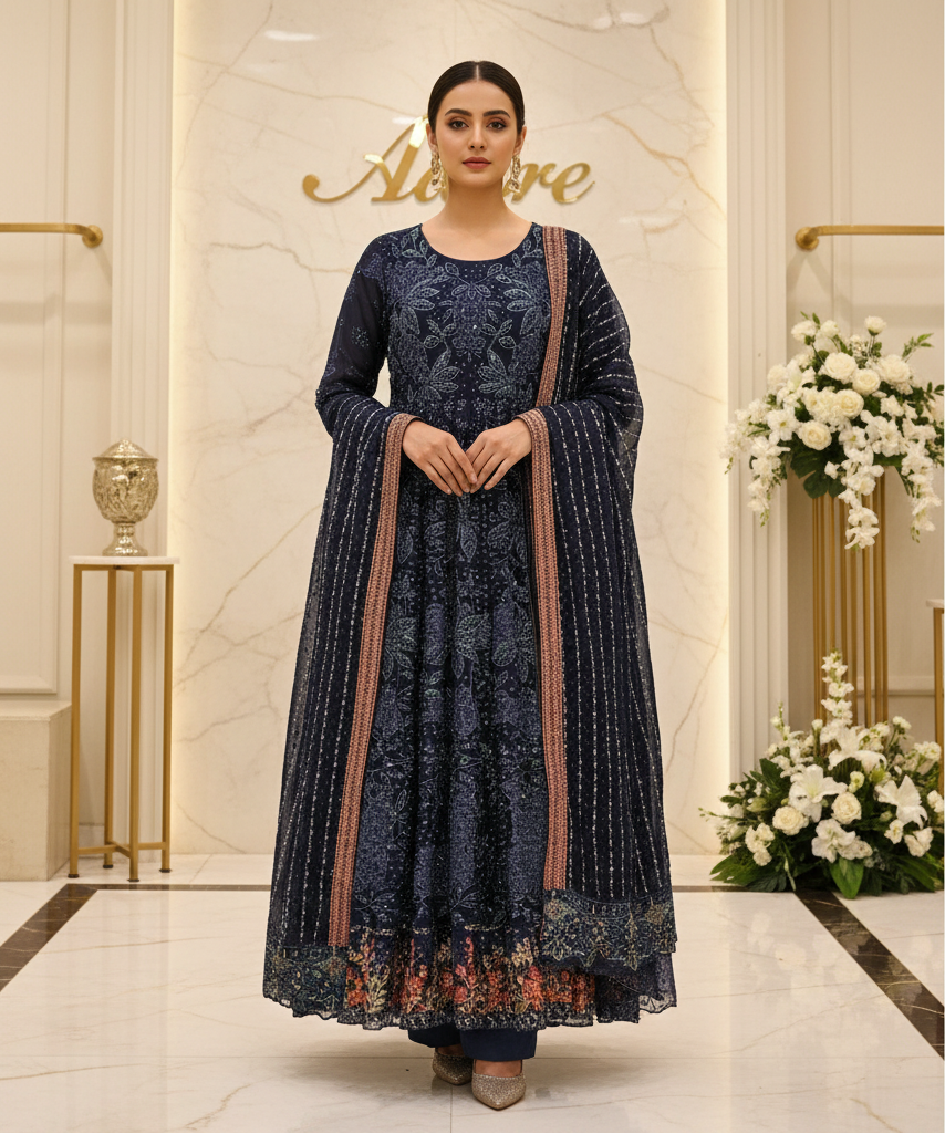 Luxury Heavy Embroidered Chiffon Maxi - Pearl Work - Intricately Embroidered Chiffon Dupatta — Midnight Sapphire, Soft Pistachio and Dusty Antique Rose
