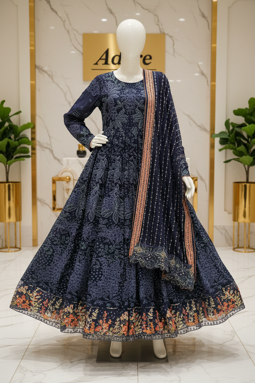 Luxury Heavy Embroidered Chiffon Maxi - Pearl Work - Intricately Embroidered Chiffon Dupatta — Midnight Sapphire, Soft Pistachio and Dusty Antique Rose