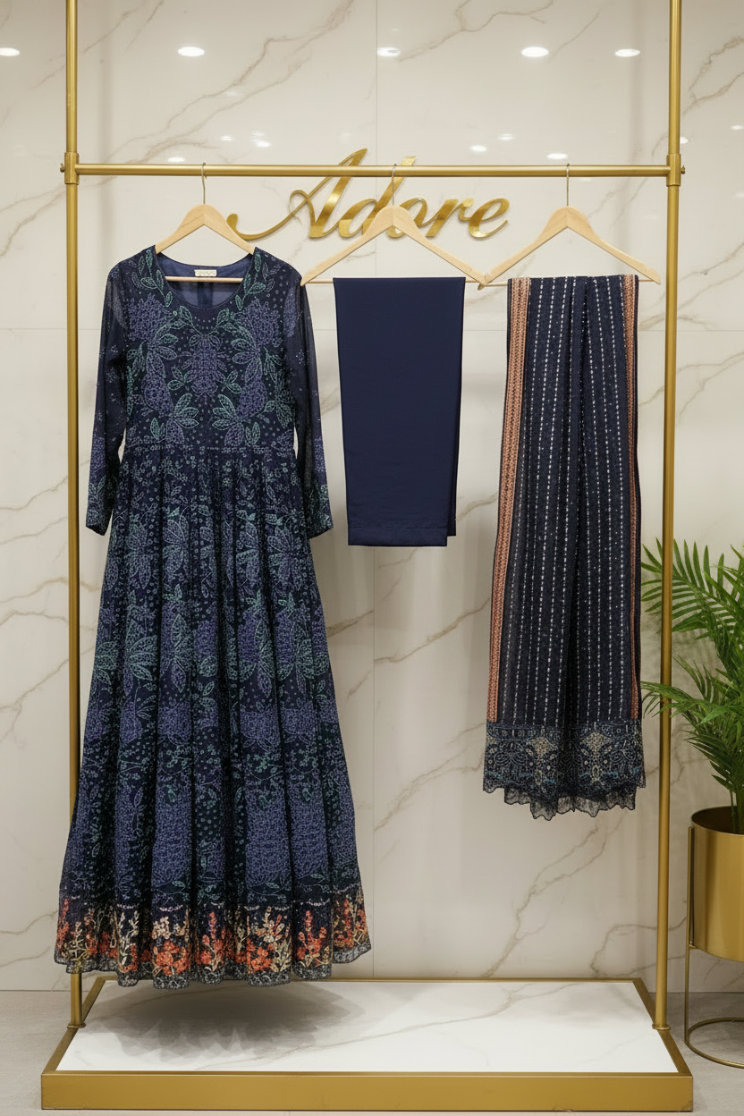 Luxury Heavy Embroidered Chiffon Maxi - Pearl Work - Intricately Embroidered Chiffon Dupatta — Midnight Sapphire, Soft Pistachio and Dusty Antique Rose