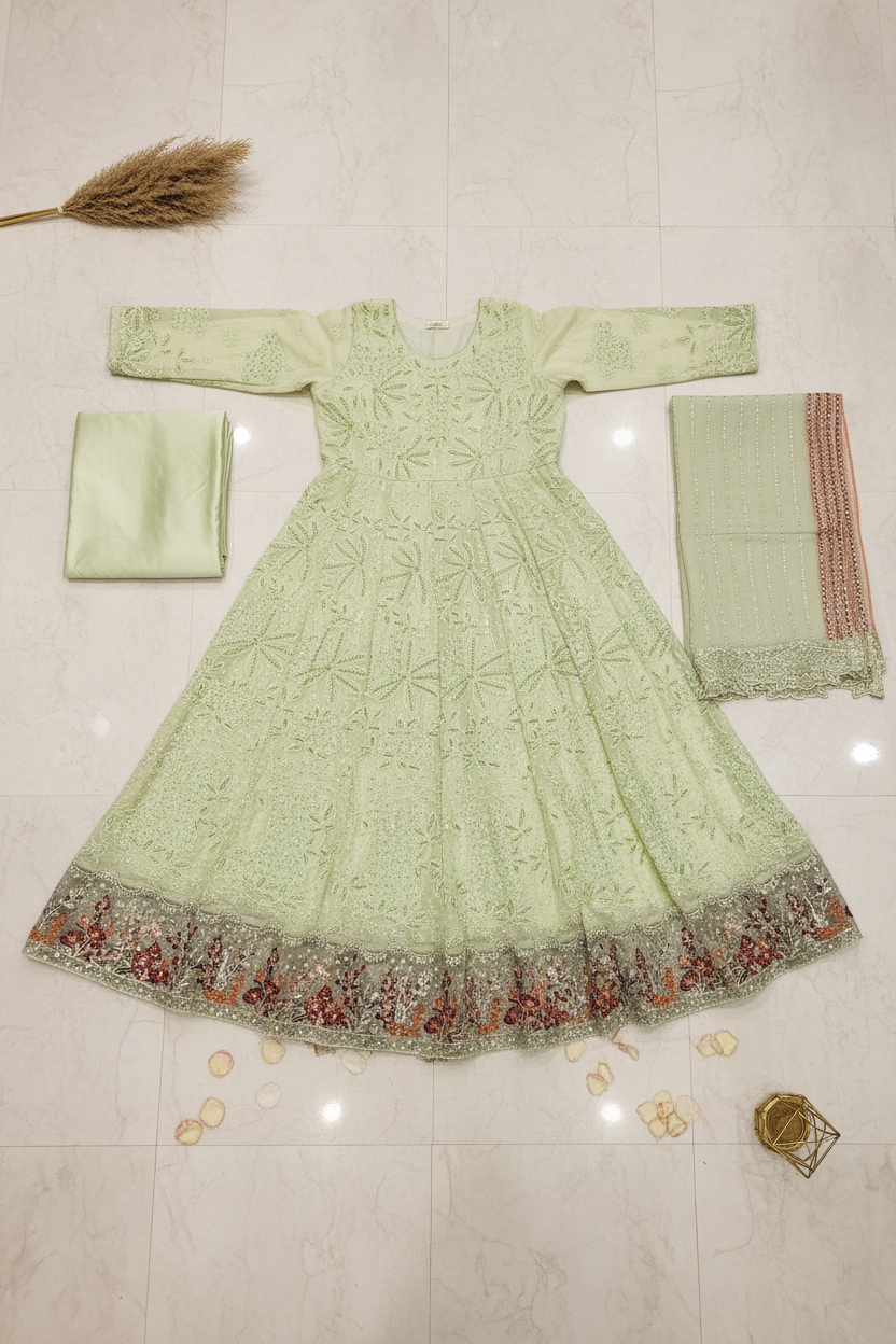 Luxury Heavy Embroidered Chiffon Maxi - Pearl Work - Intricately Embroidered Chiffon Dupatta — Midnight Sapphire, Soft Pistachio and Dusty Antique Rose
