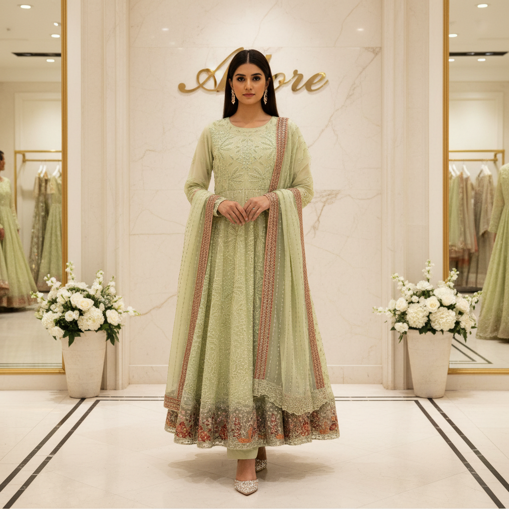 Luxury Heavy Embroidered Chiffon Maxi - Pearl Work - Intricately Embroidered Chiffon Dupatta — Midnight Sapphire, Soft Pistachio and Dusty Antique Rose