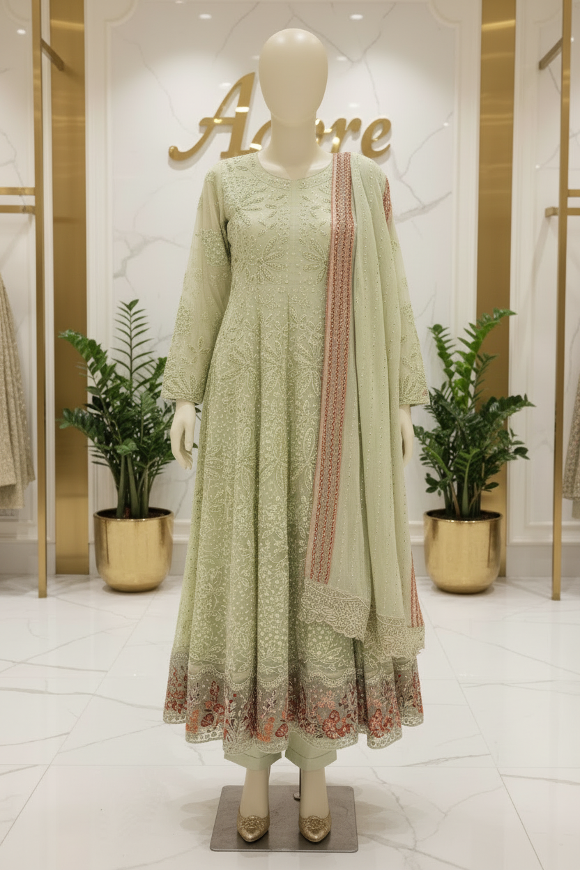Luxury Heavy Embroidered Chiffon Maxi - Pearl Work - Intricately Embroidered Chiffon Dupatta — Midnight Sapphire, Soft Pistachio and Dusty Antique Rose