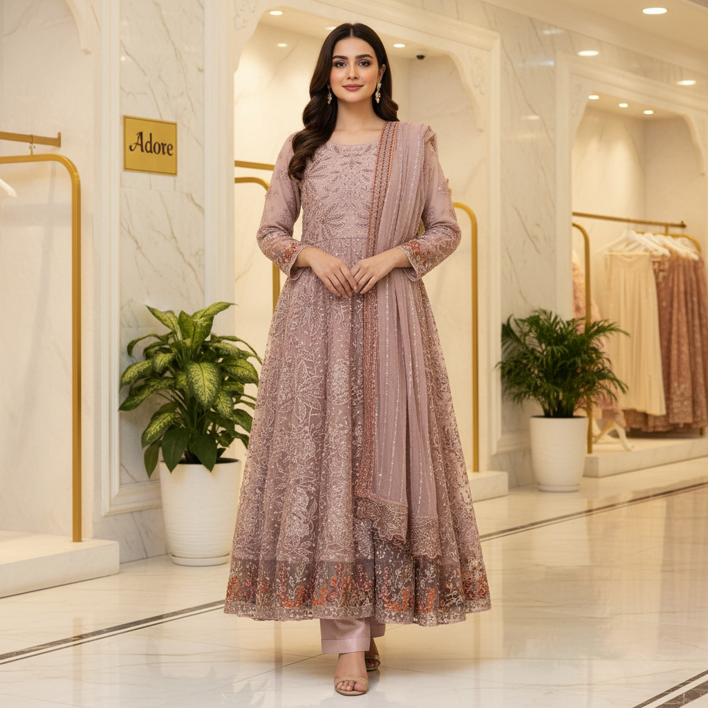 Luxury Heavy Embroidered Chiffon Maxi - Pearl Work - Intricately Embroidered Chiffon Dupatta — Midnight Sapphire, Soft Pistachio and Dusty Antique Rose