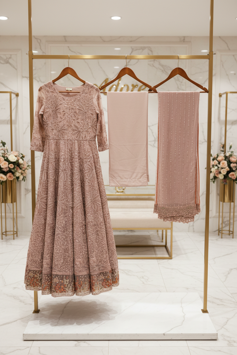 Luxury Heavy Embroidered Chiffon Maxi - Pearl Work - Intricately Embroidered Chiffon Dupatta — Midnight Sapphire, Soft Pistachio and Dusty Antique Rose