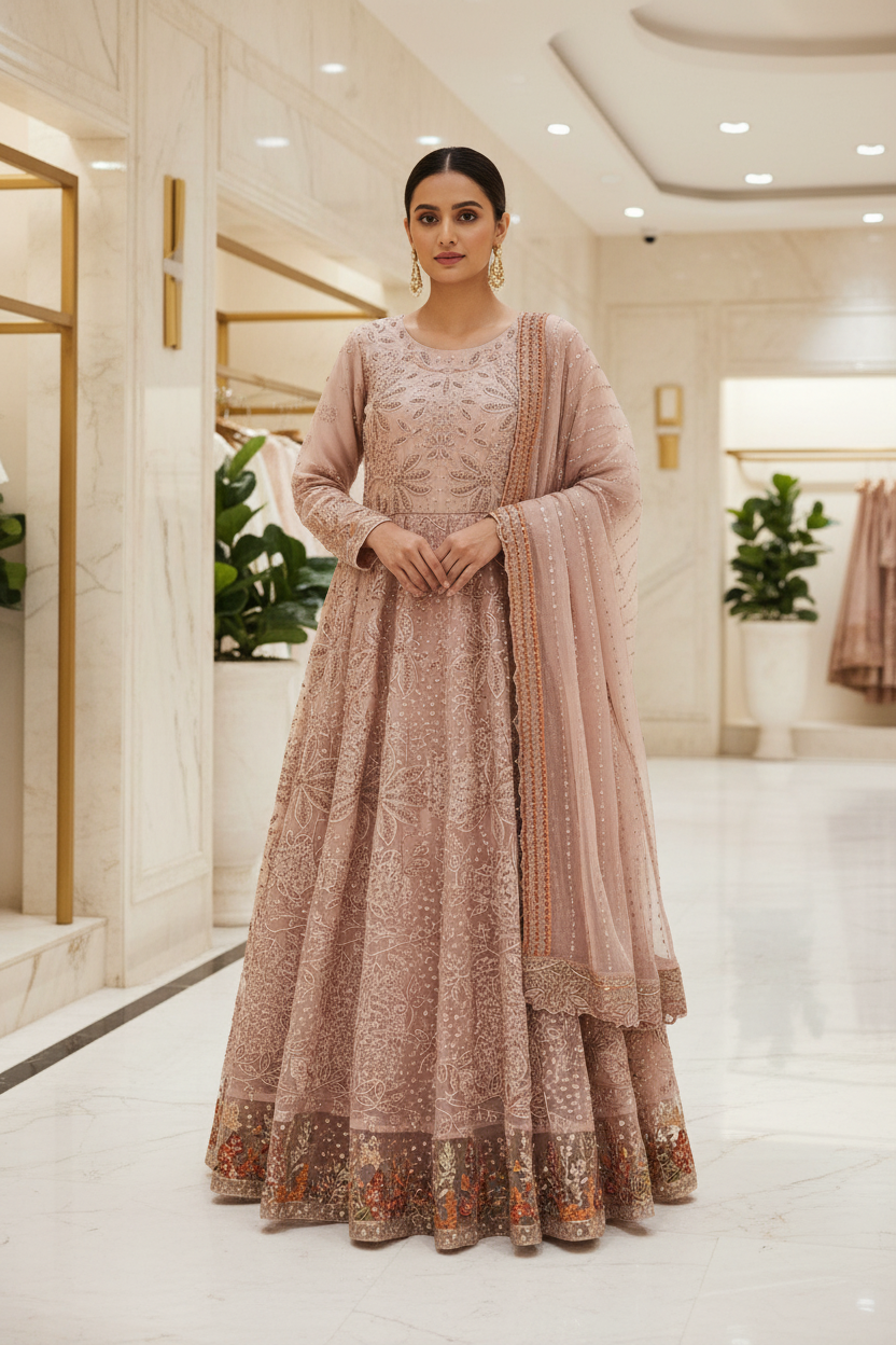 Luxury Heavy Embroidered Chiffon Maxi - Pearl Work - Intricately Embroidered Chiffon Dupatta — Midnight Sapphire, Soft Pistachio and Dusty Antique Rose