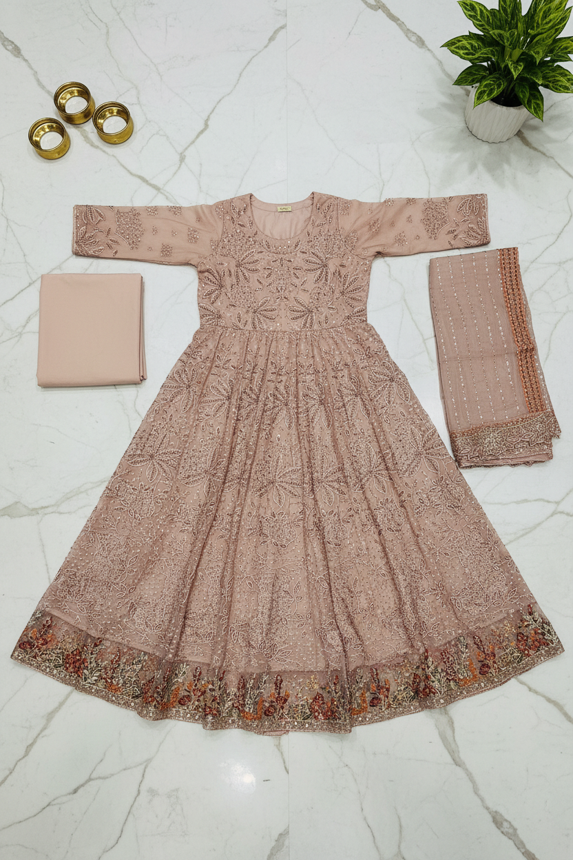 Luxury Heavy Embroidered Chiffon Maxi - Pearl Work - Intricately Embroidered Chiffon Dupatta — Midnight Sapphire, Soft Pistachio and Dusty Antique Rose