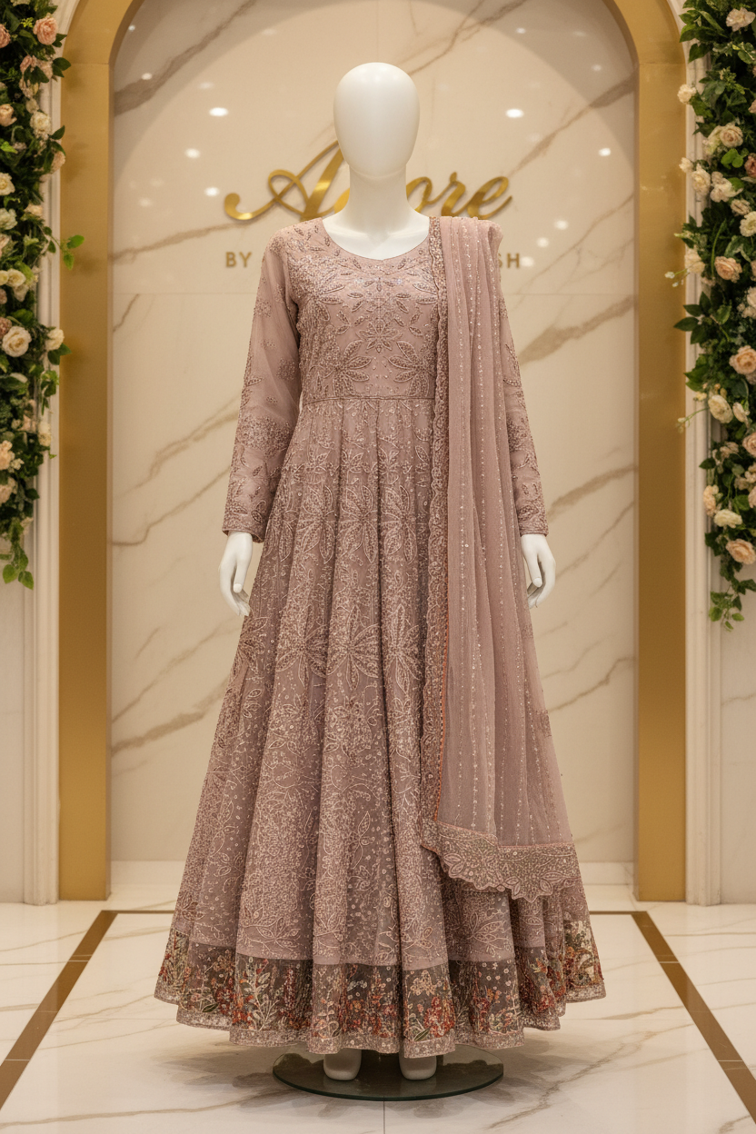 Luxury Heavy Embroidered Chiffon Maxi - Pearl Work - Intricately Embroidered Chiffon Dupatta — Midnight Sapphire, Soft Pistachio and Dusty Antique Rose