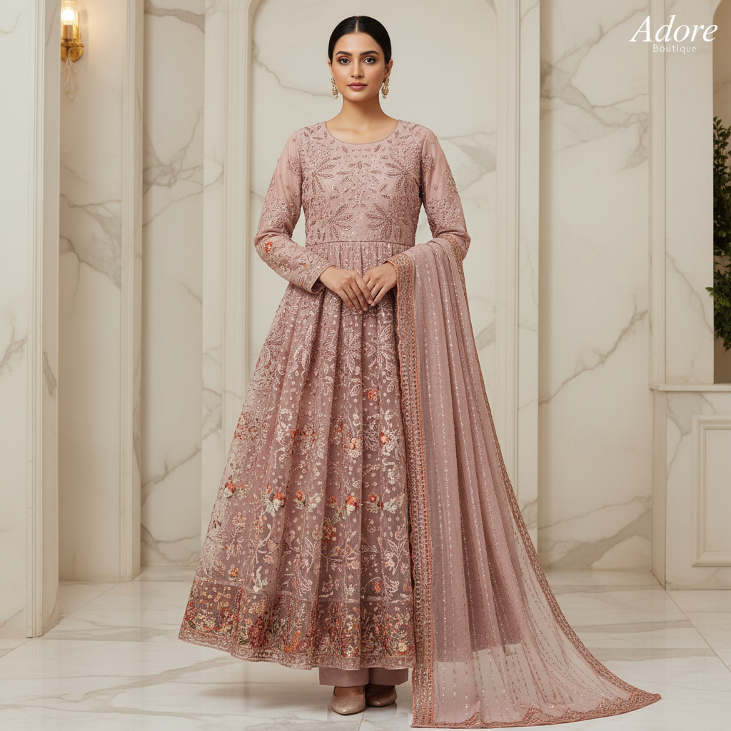 Luxury Heavy Embroidered Chiffon Maxi - Pearl Work - Intricately Embroidered Chiffon Dupatta — Midnight Sapphire, Soft Pistachio and Dusty Antique Rose