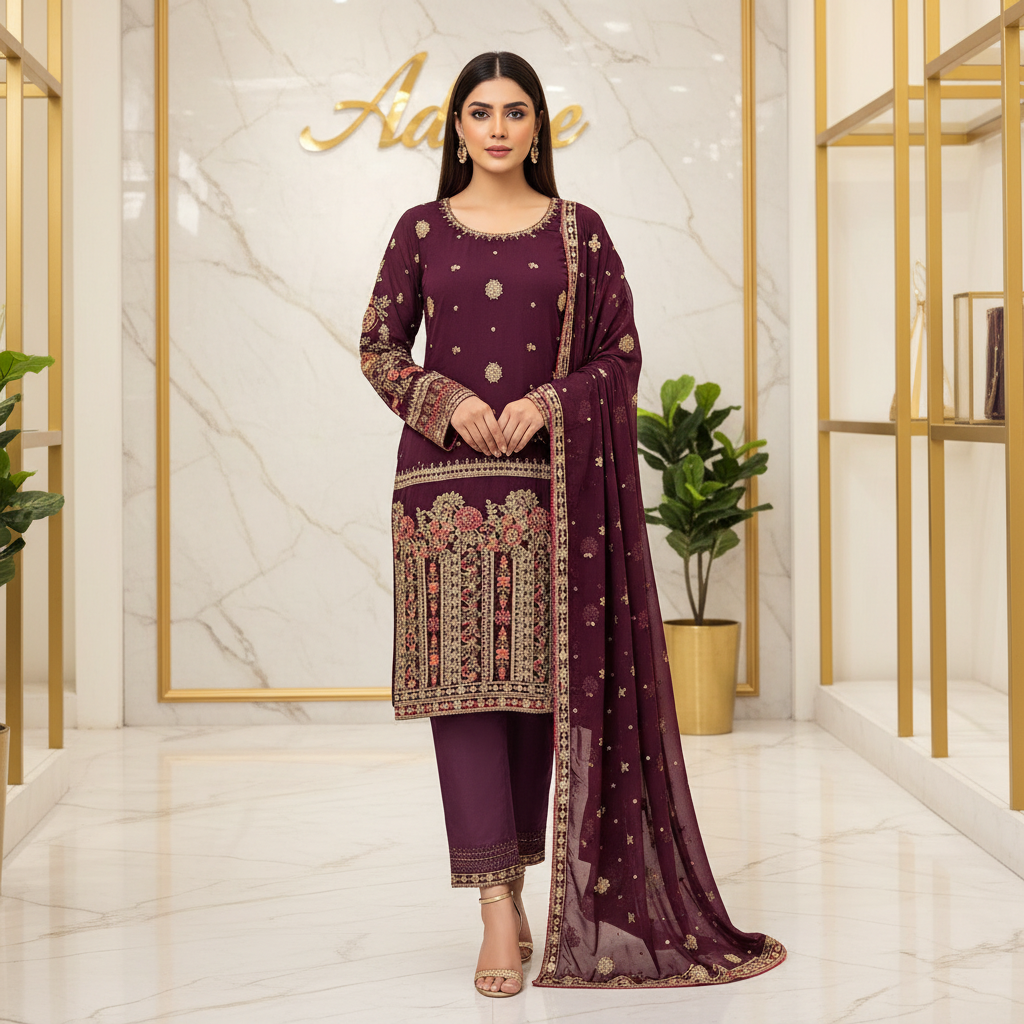 Mulberry Plum - Hand Embellished Chiffon Suit - Silk Trousers - Embroidered Pallu Dupatta