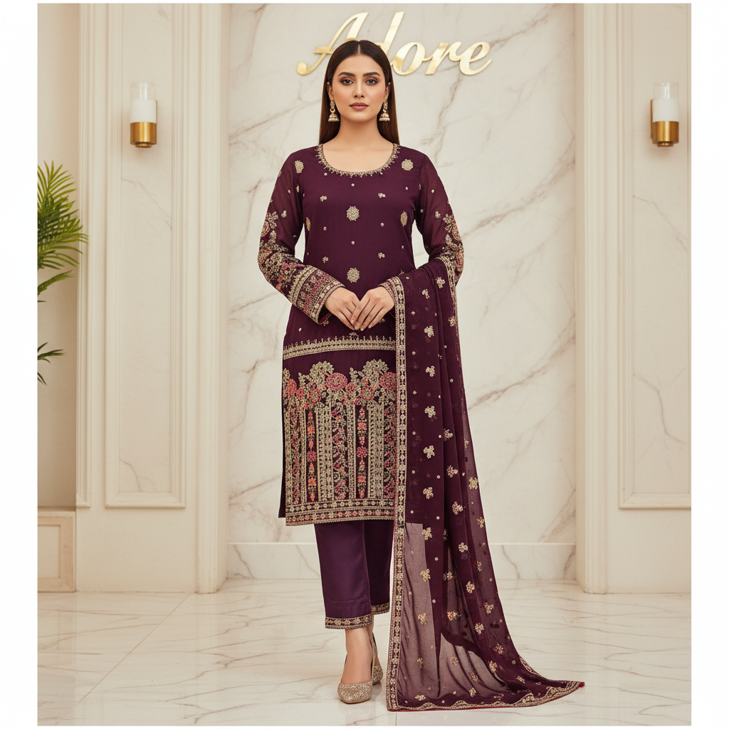 Mulberry Plum - Hand Embellished Chiffon Suit - Silk Trousers - Embroidered Pallu Dupatta