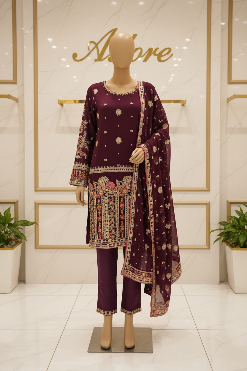 Mulberry Plum - Hand Embellished Chiffon Suit - Silk Trousers - Embroidered Pallu Dupatta
