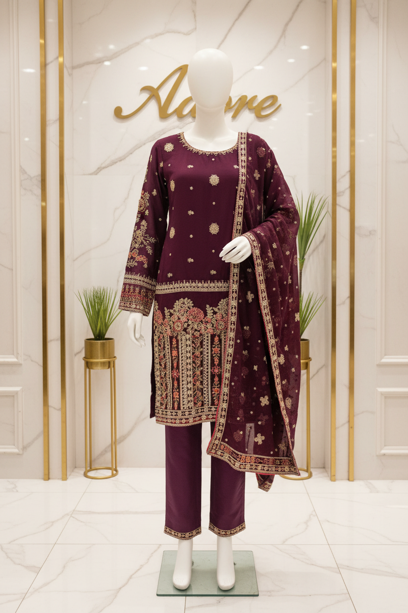 Mulberry Plum - Hand Embellished Chiffon Suit - Silk Trousers - Embroidered Pallu Dupatta