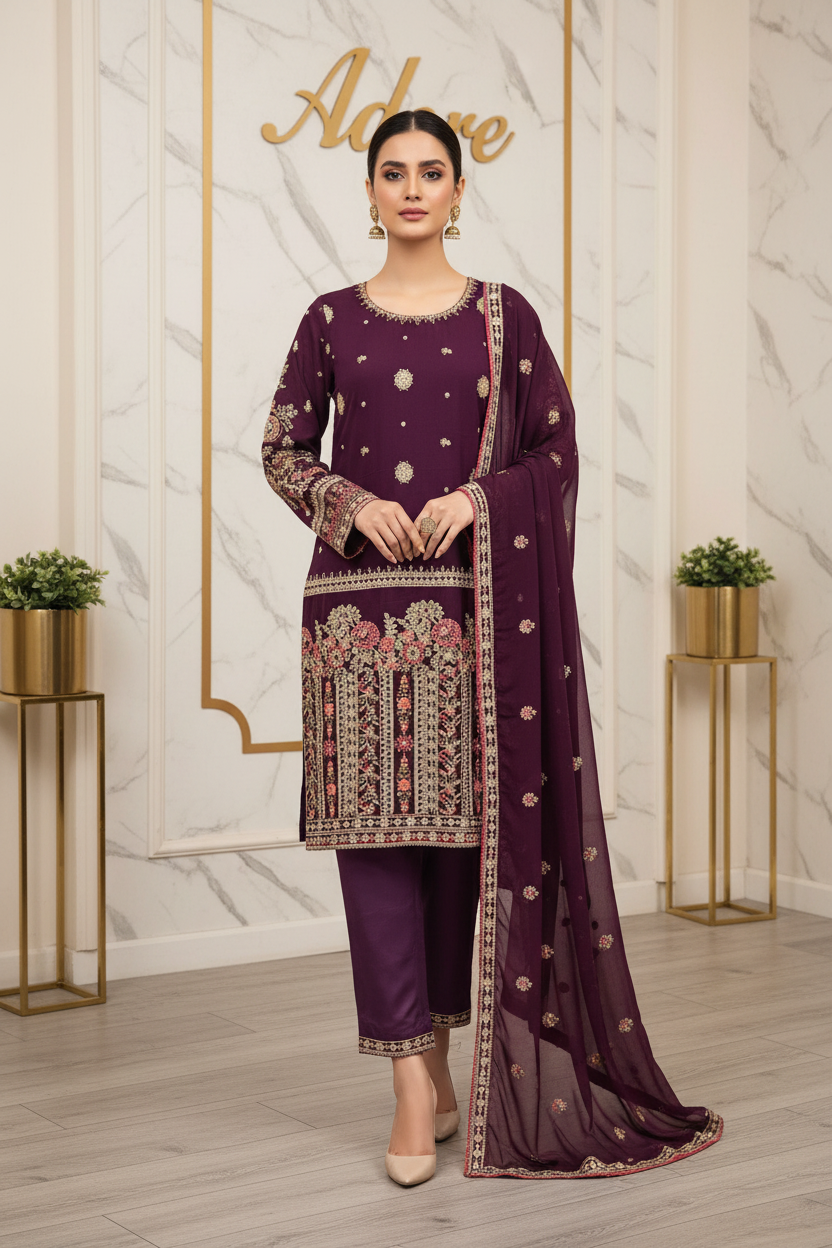 Mulberry Plum - Hand Embellished Chiffon Suit - Silk Trousers - Embroidered Pallu Dupatta