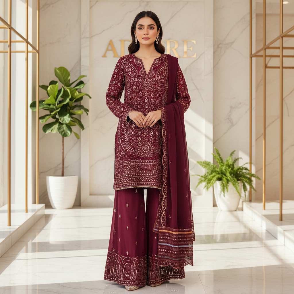 JZM Opulent Burgundy -  Heavy Sequin Embroidered Chiffon Shirt - Embroidered Silk Palazzo Trousers - Embroidered Chiffon Dupatta