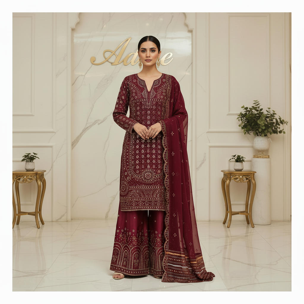JZM Opulent Burgundy -  Heavy Sequin Embroidered Chiffon Shirt - Embroidered Silk Palazzo Trousers - Embroidered Chiffon Dupatta