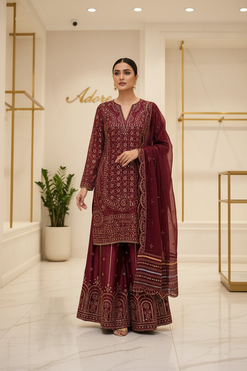 JZM Opulent Burgundy -  Heavy Sequin Embroidered Chiffon Shirt - Embroidered Silk Palazzo Trousers - Embroidered Chiffon Dupatta
