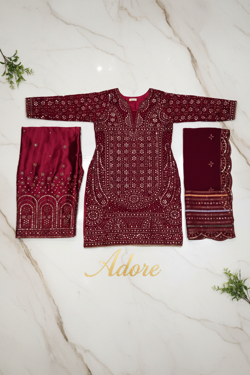 JZM Opulent Burgundy -  Heavy Sequin Embroidered Chiffon Shirt - Embroidered Silk Palazzo Trousers - Embroidered Chiffon Dupatta