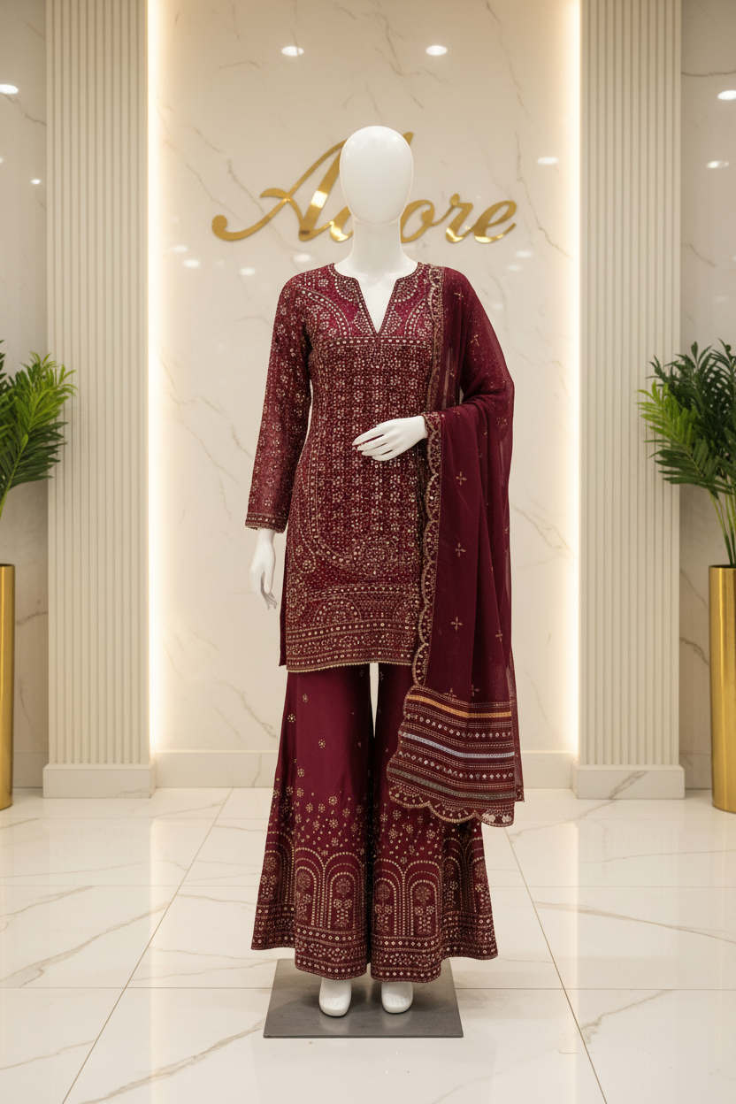 JZM Opulent Burgundy -  Heavy Sequin Embroidered Chiffon Shirt - Embroidered Silk Palazzo Trousers - Embroidered Chiffon Dupatta