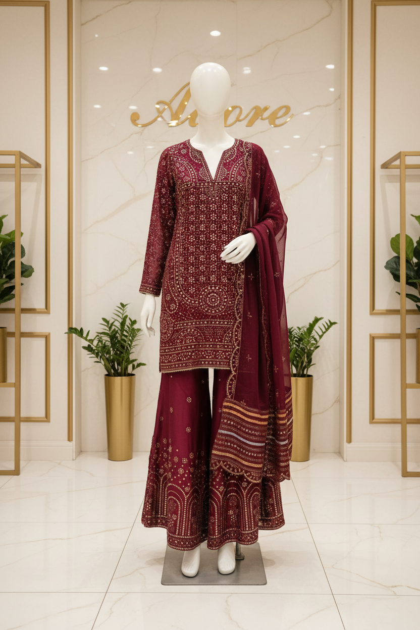 JZM Opulent Burgundy -  Heavy Sequin Embroidered Chiffon Shirt - Embroidered Silk Palazzo Trousers - Embroidered Chiffon Dupatta