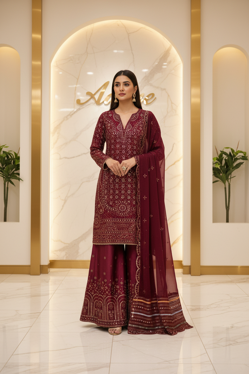 JZM Opulent Burgundy -  Heavy Sequin Embroidered Chiffon Shirt - Embroidered Silk Palazzo Trousers - Embroidered Chiffon Dupatta