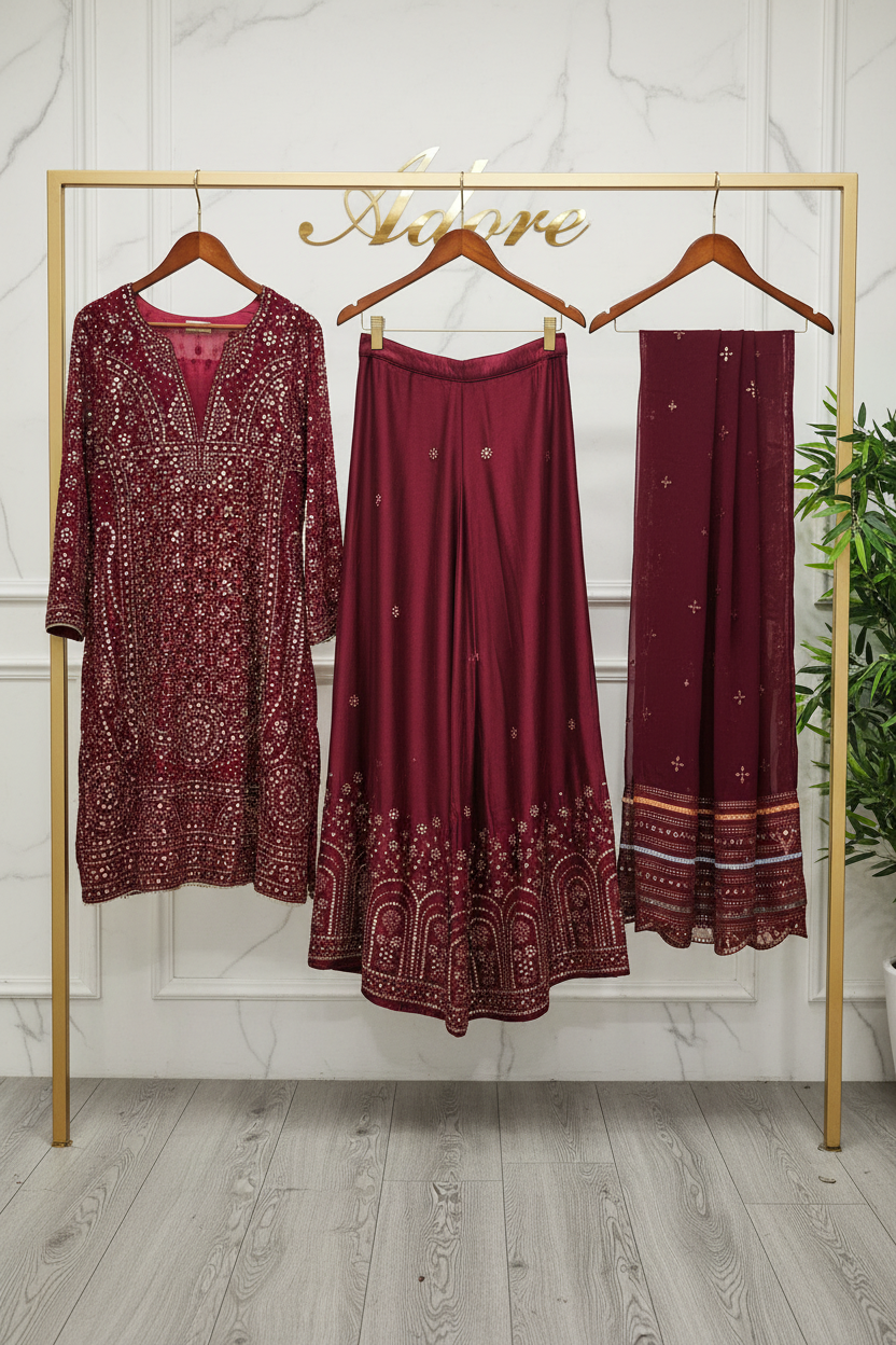 JZM Opulent Burgundy -  Heavy Sequin Embroidered Chiffon Shirt - Embroidered Silk Palazzo Trousers - Embroidered Chiffon Dupatta