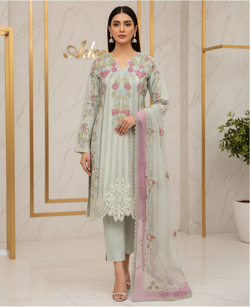 SASH Ethereal Sage - Heavy Panelled Embroidered Cotton Suit - Tissue Organza Embroidered Dupatta