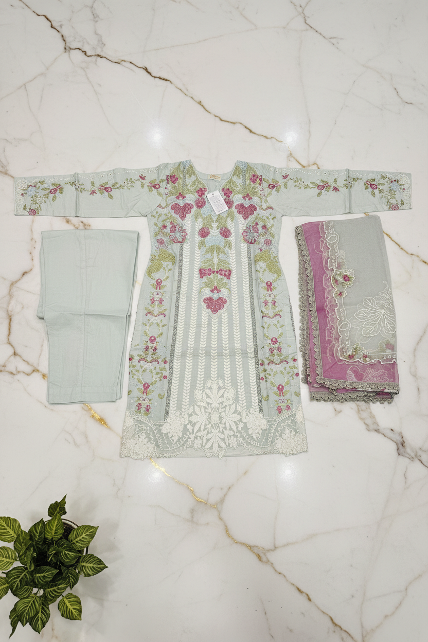 SASH Ethereal Sage - Heavy Panelled Embroidered Cotton Suit - Tissue Organza Embroidered Dupatta