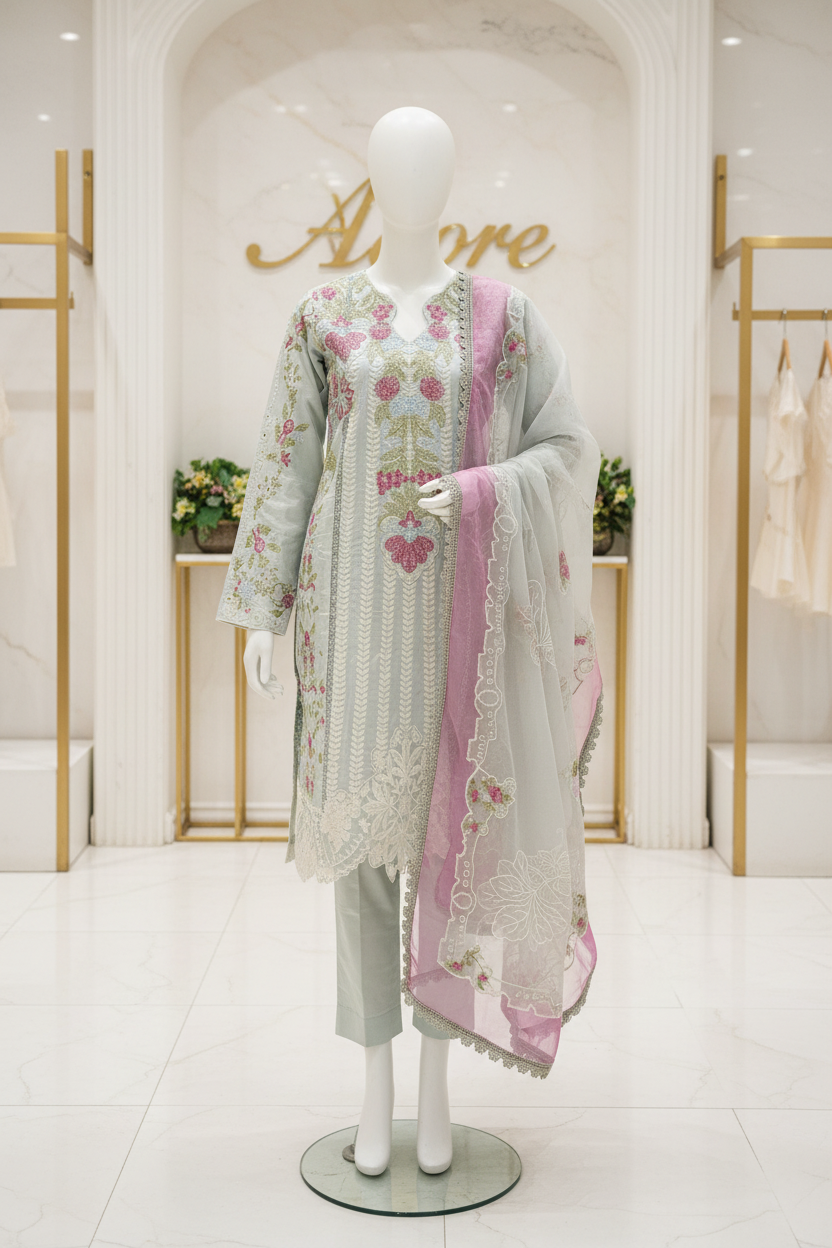 SASH Ethereal Sage - Heavy Panelled Embroidered Cotton Suit - Tissue Organza Embroidered Dupatta