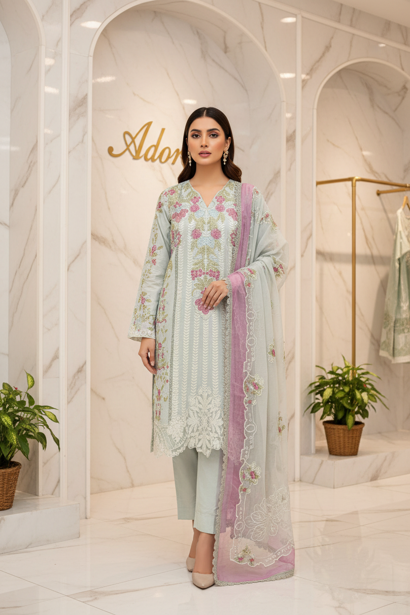 SASH Ethereal Sage - Heavy Panelled Embroidered Cotton Suit - Tissue Organza Embroidered Dupatta
