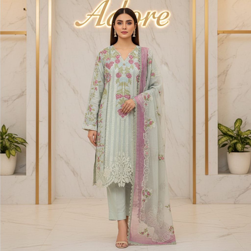 SASH Ethereal Sage - Heavy Panelled Embroidered Cotton Suit - Tissue Organza Embroidered Dupatta