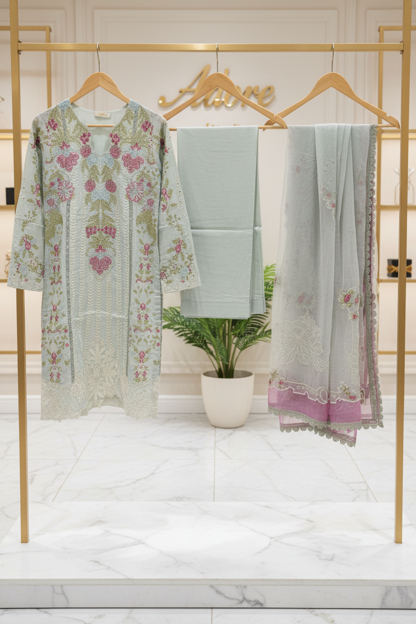 SASH Ethereal Sage - Heavy Panelled Embroidered Cotton Suit - Tissue Organza Embroidered Dupatta