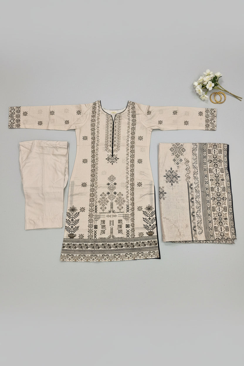 MTJ Collection 26 | Elara | Vanilla Sand Printed Lawn Cotton Pakistani Suit | Premium Floral Print | 3 Piece Shalwar Kameez | Elegant Casual Pret