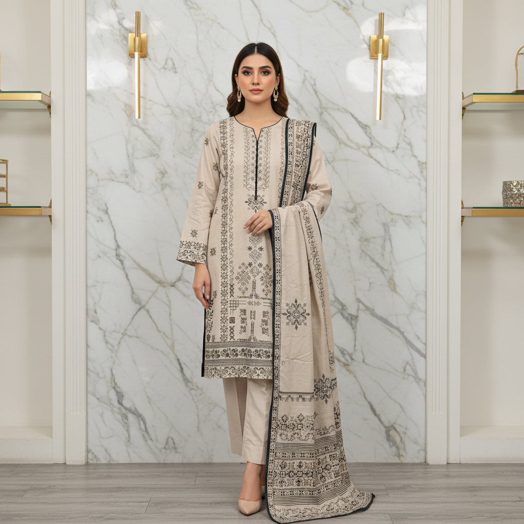 MTJ Collection 26 | Elara | Vanilla Sand Printed Lawn Cotton Pakistani Suit | Premium Floral Print | 3 Piece Shalwar Kameez | Elegant Casual Pret