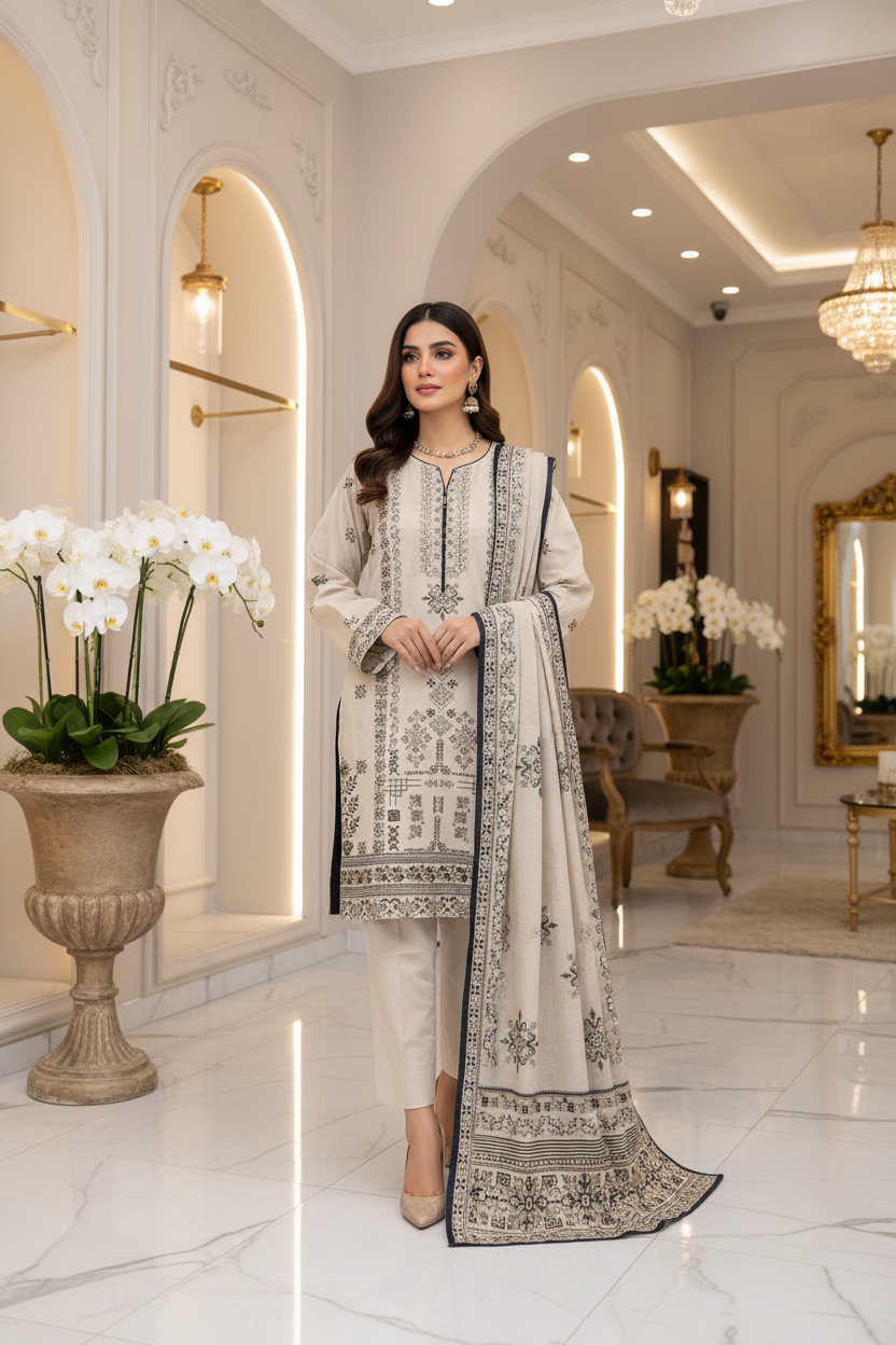 MTJ Collection 26 | Elara | Vanilla Sand Printed Lawn Cotton Pakistani Suit | Premium Floral Print | 3 Piece Shalwar Kameez | Elegant Casual Pret