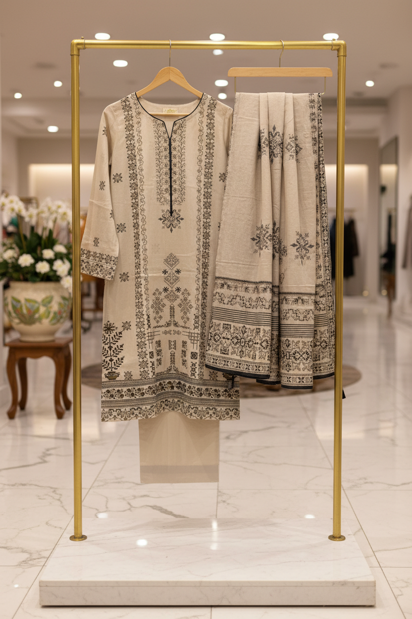 MTJ Collection 26 | Elara | Vanilla Sand Printed Lawn Cotton Pakistani Suit | Premium Floral Print | 3 Piece Shalwar Kameez | Elegant Casual Pret
