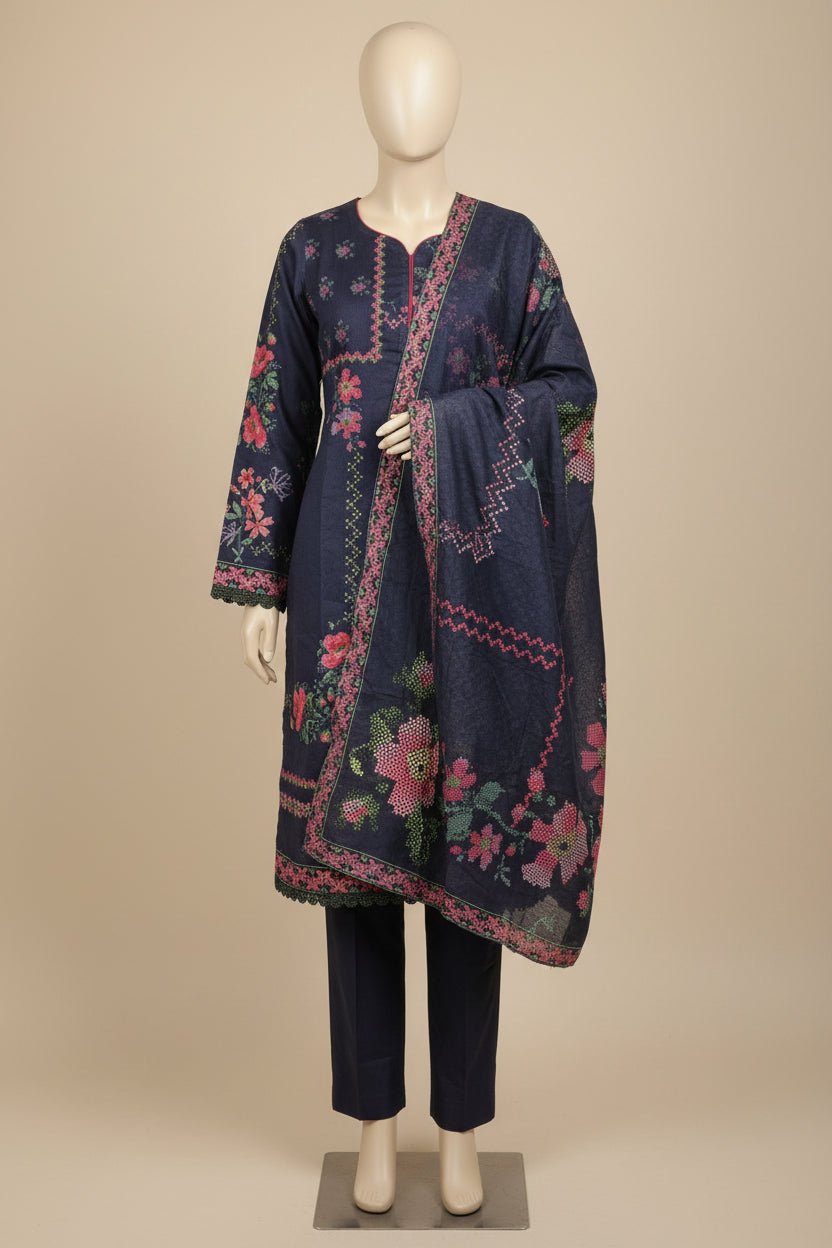 MTJ Collection 26 | Elara | Deep Navy Rose Printed Lawn Cotton Suit | Premium Pink Pattern Print | 3 Piece Pakistani Shalwar Kameez | Casual & Everyday Wear