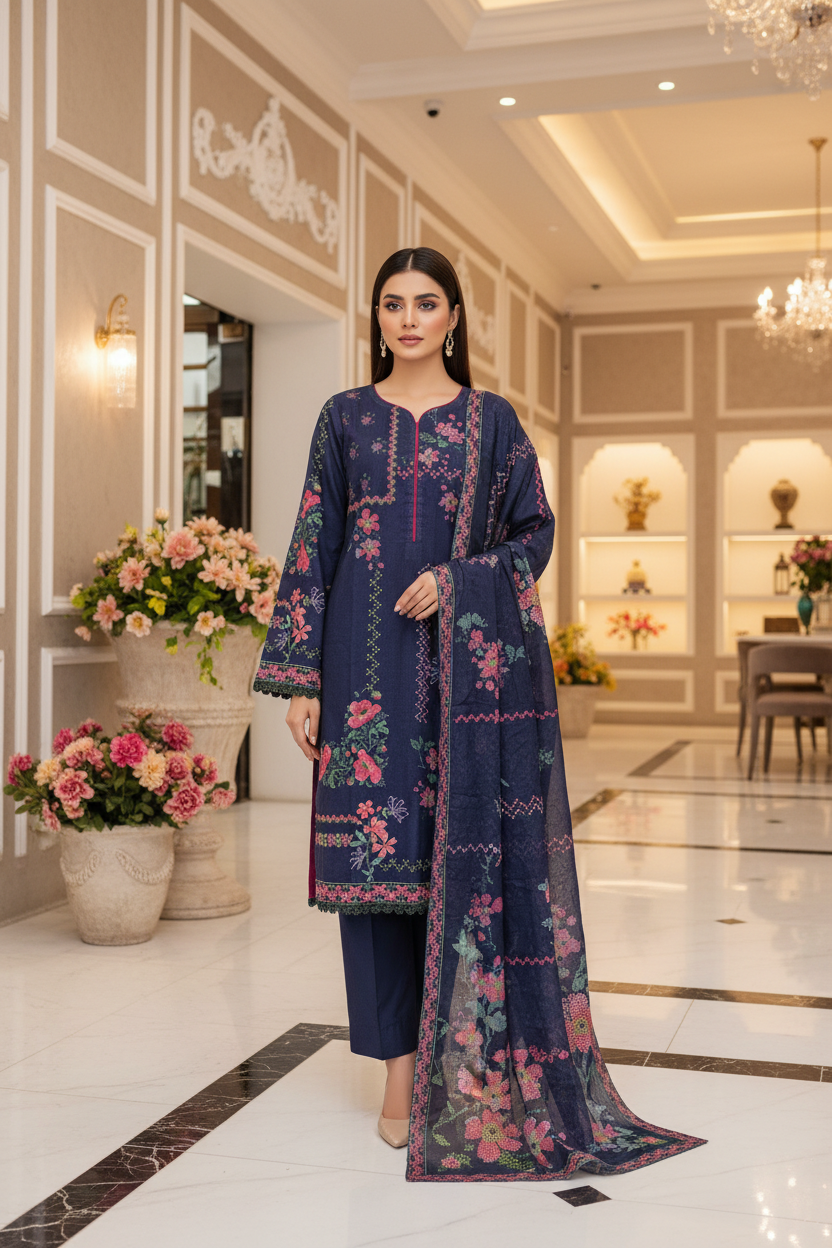 MTJ Collection 26 | Elara | Deep Navy Rose Printed Lawn Cotton Suit | Premium Pink Pattern Print | 3 Piece Pakistani Shalwar Kameez | Casual & Everyday Wear