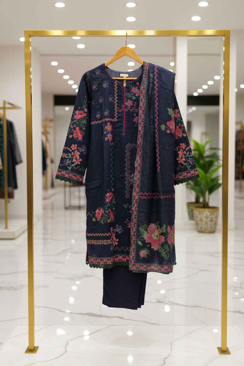 MTJ Collection 26 | Elara | Deep Navy Rose Printed Lawn Cotton Suit | Premium Pink Pattern Print | 3 Piece Pakistani Shalwar Kameez | Casual & Everyday Wear