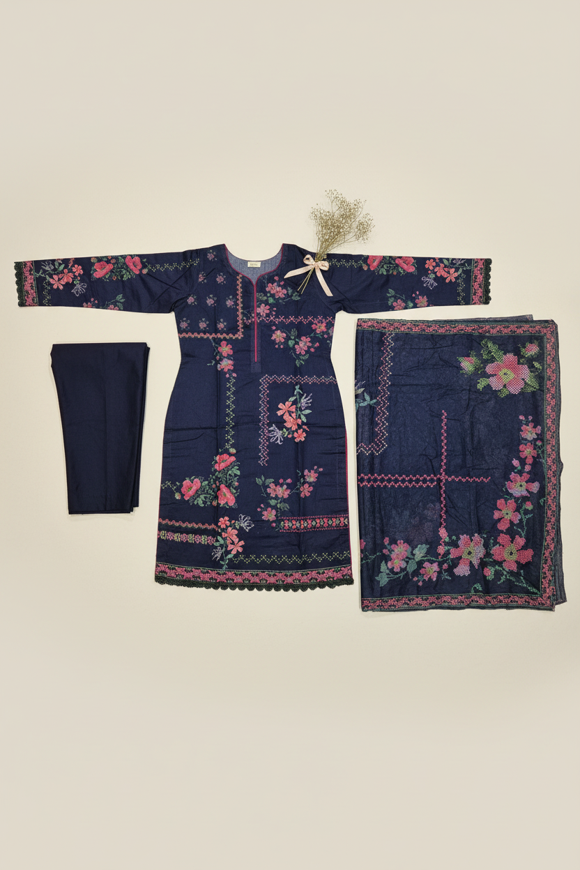 MTJ Collection 26 | Elara | Deep Navy Rose Printed Lawn Cotton Suit | Premium Pink Pattern Print | 3 Piece Pakistani Shalwar Kameez | Casual & Everyday Wear