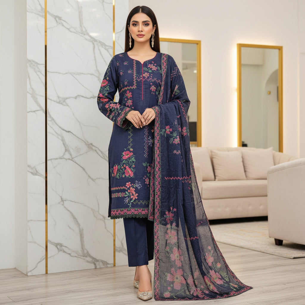 MTJ Collection 26 | Elara | Deep Navy Rose Printed Lawn Cotton Suit | Premium Pink Pattern Print | 3 Piece Pakistani Shalwar Kameez | Casual & Everyday Wear
