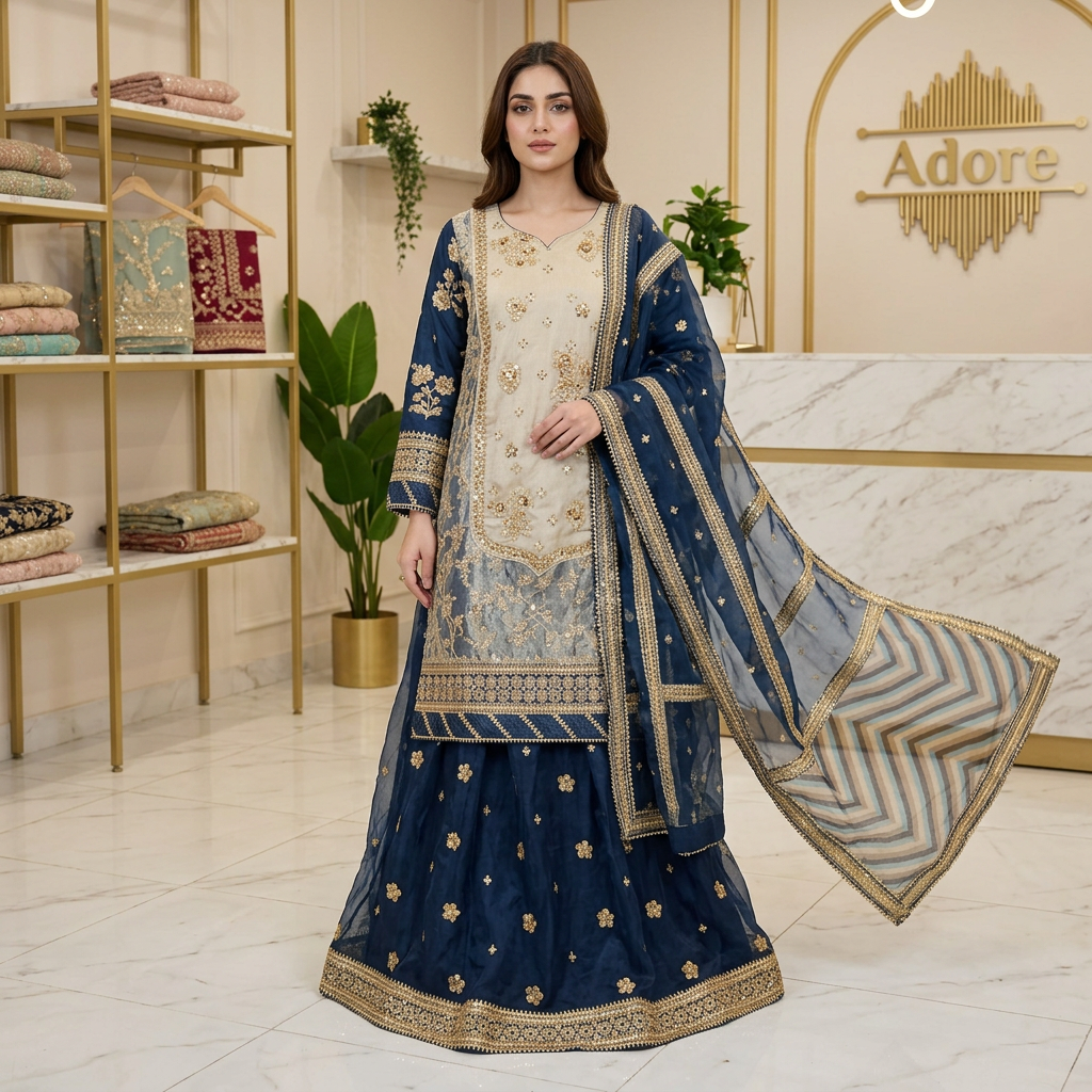 MNR Zarlish Light Gold Hand Embroidered Kameez with Teal Blue Embroidered Lehenga & Organza Dupatta – 3 Piece Formal Suit
