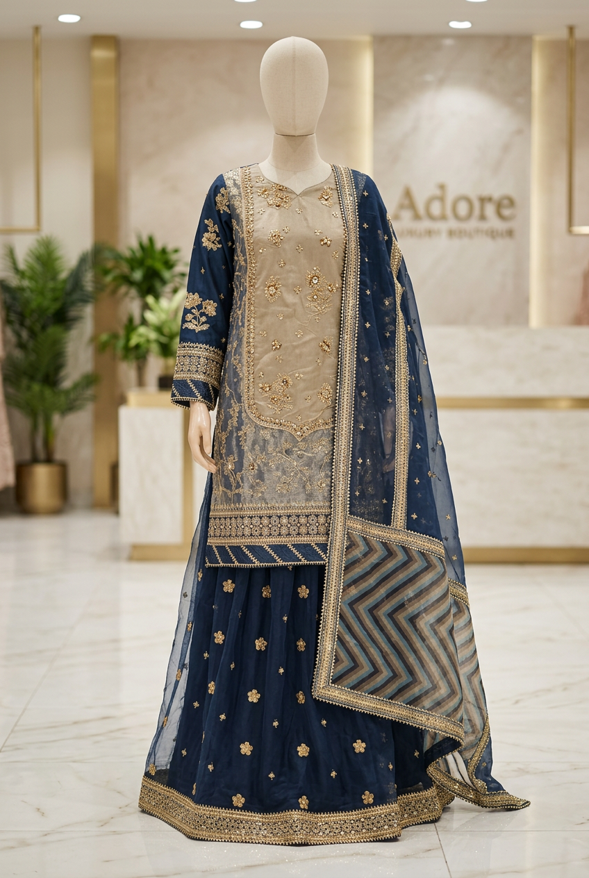 MNR Zarlish Light Gold Hand Embroidered Kameez with Teal Blue Embroidered Lehenga & Organza Dupatta – 3 Piece Formal Suit